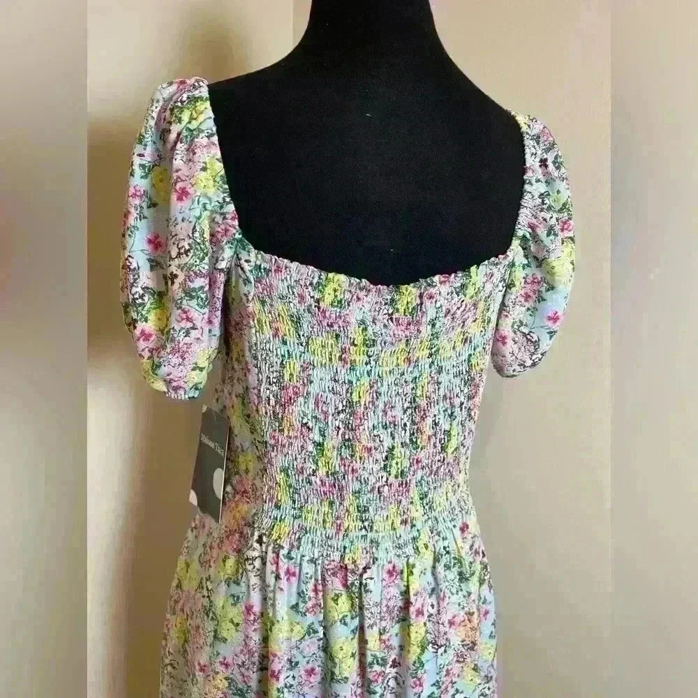 NWT Maison Tara Puff Sleeve Midi Dress Blue Floral Cottage Core Size 10 - Picture 7 of 10